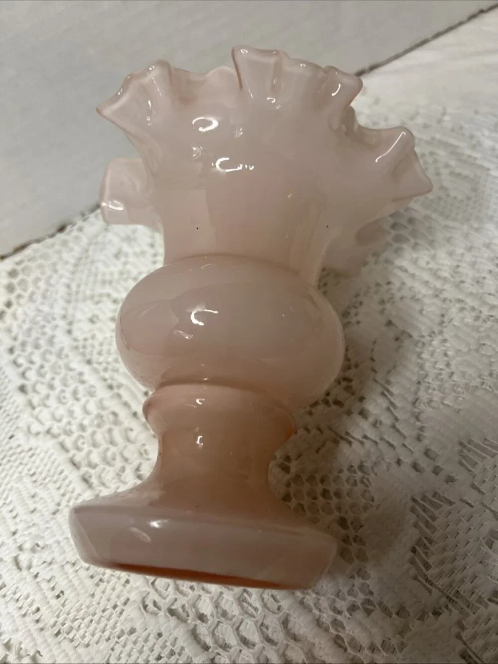Fenton Glass Pink Melon Overlay Vase Ruffle Top 6.25